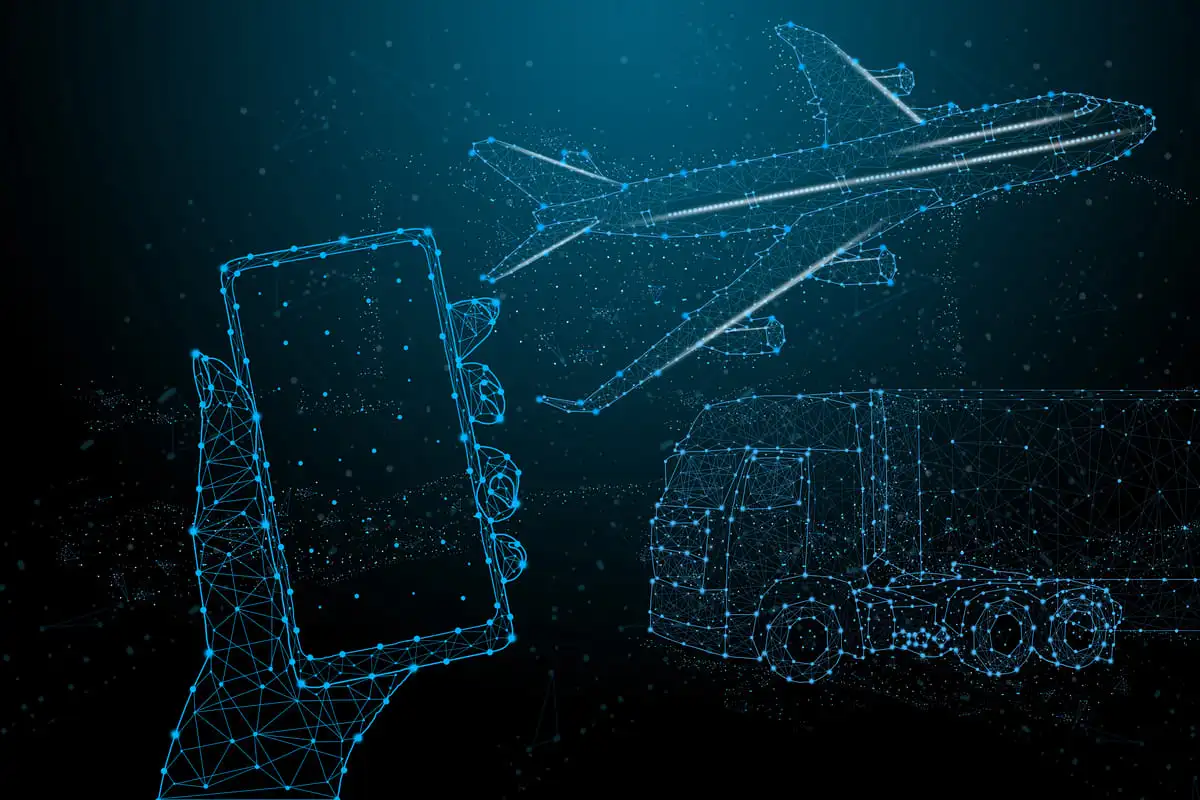 Représentation de la technologie dans le transport avec un téléphone, un camion et un avion
